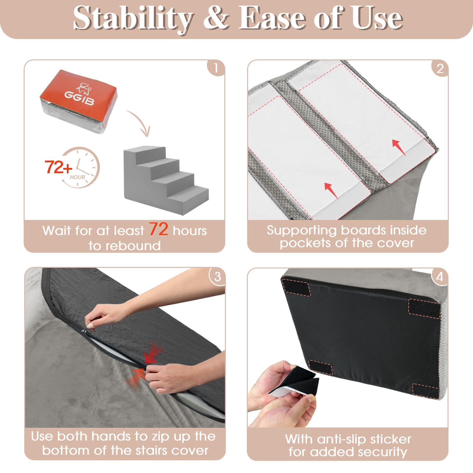 Ggib Dog Stairs For Small Dogs And Cats - Non-Slip Steps For High Bed, Sofa, Couch - Pet Ramp With Removable Washable Cover, Lig
